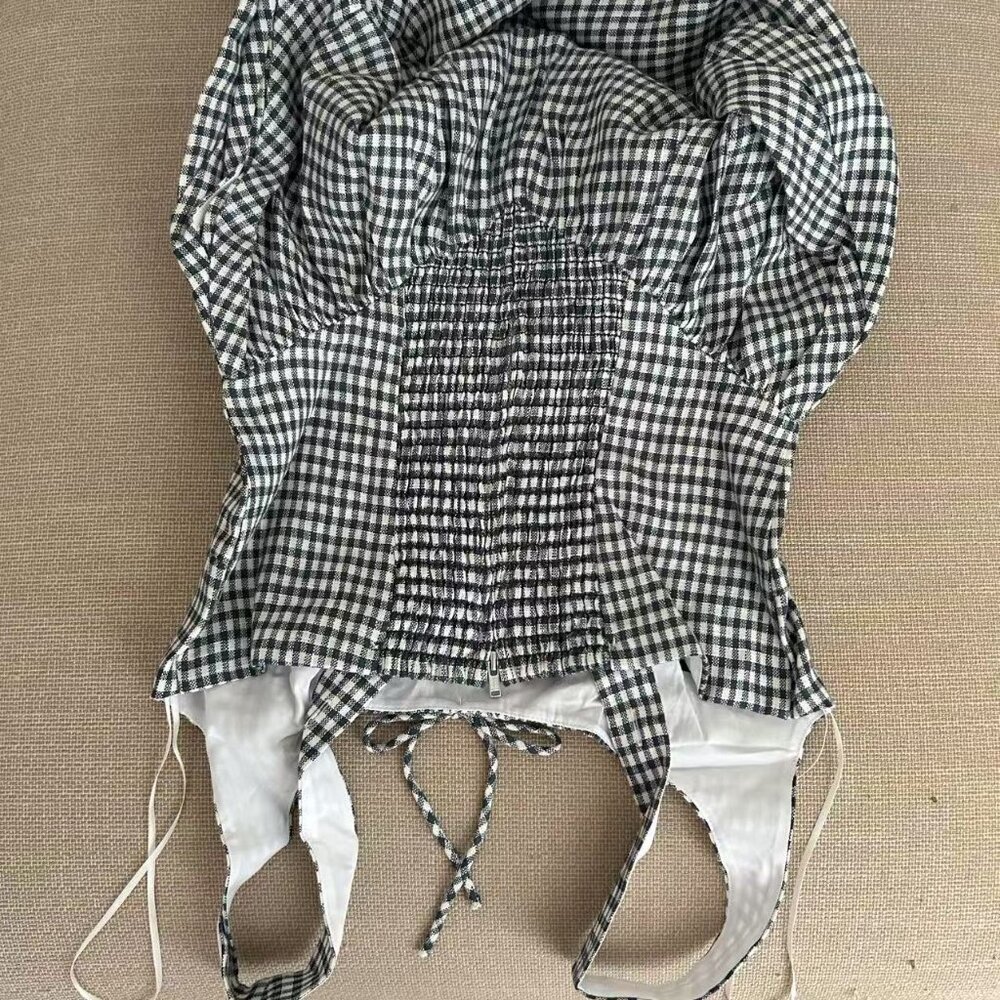 BEST Reformation Balia Linen Midi Dress Sz0 Slate Check Linen Vacation Party - Picture 7 of 13